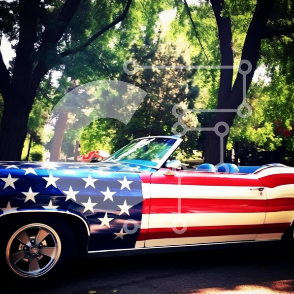 Intra Συλλεκτικό Ξύλινο Παζλ Plywood  4mm - Κλασικό αυτοκίνητο με θέμα την αμερικανική σημαία σε χώρο στάθμευσης Σε Ξύλινο Κουτί - Διαστάσεις Puzzle: 10x10 cm – 25 κομμάτια