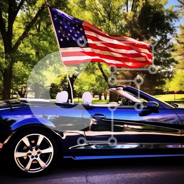 Intra Συλλεκτικό Ξύλινο Παζλ Plywood  4mm - Μπλε σπορ αυτοκίνητο με αμερικανική σημαία παρκαρισμένο κοντά σε δέντρα Σε Ξύλινο Κουτί - Διαστάσεις Puzzle: 10x10 cm – 25 κομμάτια