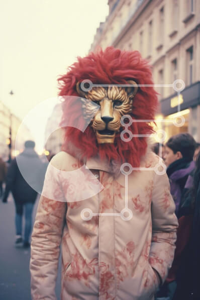 Intra Συλλεκτικό Ξύλινο Παζλ Plywood  4mm - Άνδρας με μάσκα λιονταριού που περπατά στην οδό Σε Ξύλινο Κουτί - Διαστάσεις Puzzle: 10x10 cm – 25 κομμάτια