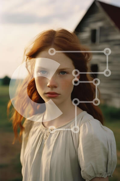 Intra Συλλεκτικό Ξύλινο Παζλ Plywood  4mm - Νεαρό κορίτσι με τα κόκκινα μαλλιά μπροστά από την παλιά σιταποθήκη Σε Ξύλινο Κουτί - Διαστάσεις Puzzle: 10x10 cm – 25 κομμάτια