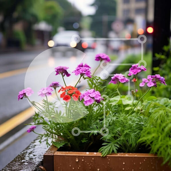 Intra Συλλεκτικό Ξύλινο Παζλ Plywood  4mm - Μωβ λουλούδια στη βροχή με αυτοκίνητα Σε Ξύλινο Κουτί - Διαστάσεις: 10x10 cm – 25 κομμάτια