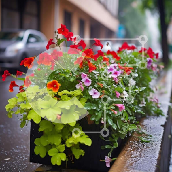 Intra Συλλεκτικό Ξύλινο Παζλ Plywood  4mm - Σειρά από γλάστρες με πολύχρωμα λουλούδια στο πεζοδρόμιο Σε Ξύλινο Κουτί - Διαστάσεις: 10x10 cm – 25 κομμάτια