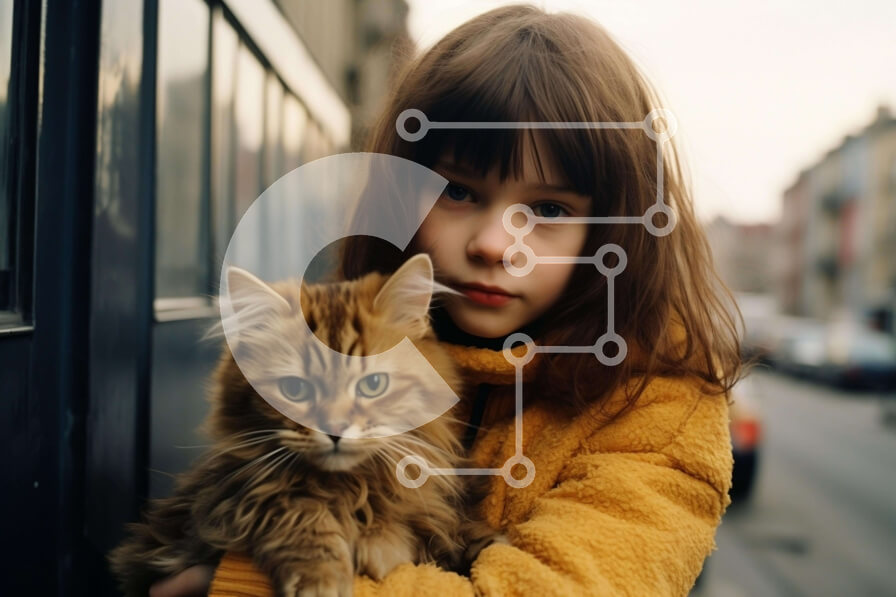 Intra Συλλεκτικό Ξύλινο Παζλ Plywood  4mm - Νεαρό κορίτσι με την πορτοκαλί γάτα στην οδό της πόλης Σε Ξύλινο Κουτί - Διαστάσεις Puzzle: 10x10 cm – 25 κομμάτια