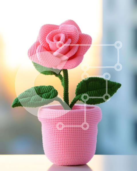 Intra Συλλεκτικό Ξύλινο Παζλ Plywood  4mm - Ροζ κροσέ γλάστρα με πράσινα φύλλα Σε Ξύλινο Κουτί - Διαστάσεις: 10x10 cm – 25 κομμάτια