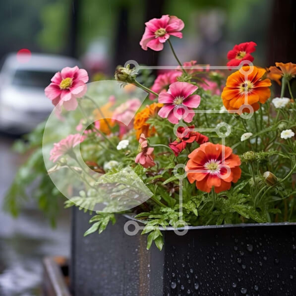 Intra Συλλεκτικό Ξύλινο Παζλ Plywood  4mm - Πολύχρωμα λουλούδια στη βροχή με αυτοκίνητο στην οδό Σε Ξύλινο Κουτί - Διαστάσεις: 10x10 cm – 25 κομμάτια