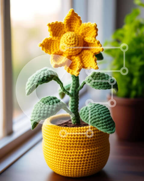 Intra Συλλεκτικό Ξύλινο Παζλ Plywood  4mm - Κροσέ ηλιοτρόπιο στο περβάζι παραθύρου Σε Ξύλινο Κουτί - Διαστάσεις: 10x10 cm – 25 κομμάτια