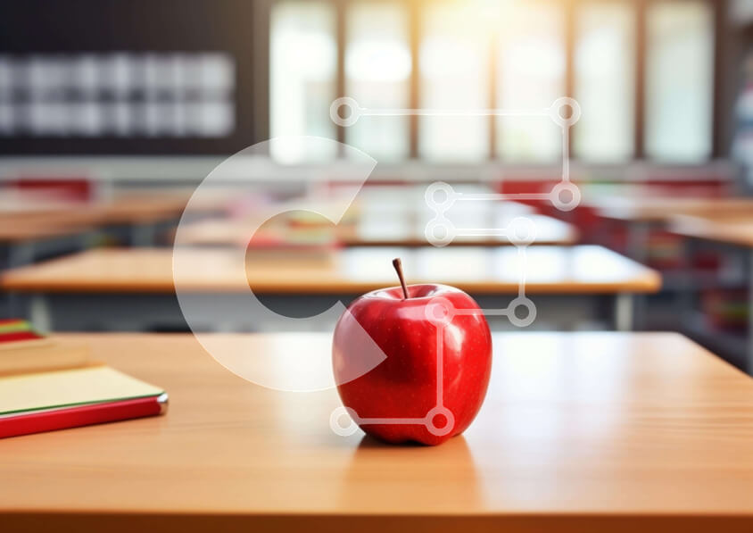 Intra Συλλεκτικό Ξύλινο Παζλ Plywood  4mm - Κόκκινο μήλο στο ξύλινο γραφείο στην κενή τάξη Σε Ξύλινο Κουτί - Διαστάσεις Puzzle: 10x10 cm – 25 κομμάτια