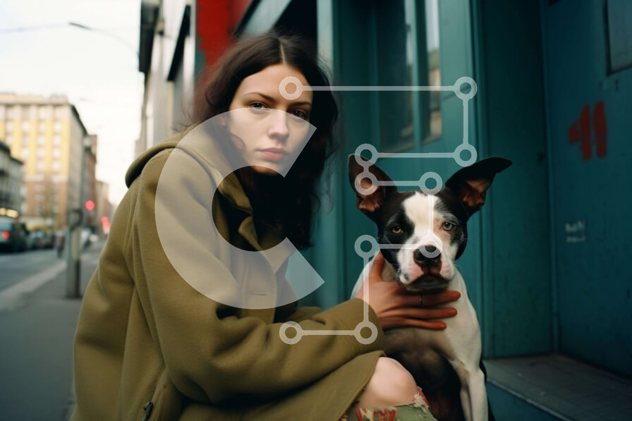 Σετ των 2 Intra Συλλεκτικό Ξύλινο Παζλ Plywood  4mm - Γυναίκα που κάθεται με το σκυλί στο πεζοδρόμιο Σε Ξύλινο Κουτί - Διαστάσεις: 10x10 cm – 25 κομμάτια