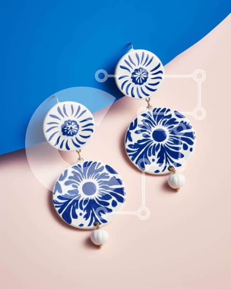 Intra Συλλεκτικό Ξύλινο Παζλ Plywood  4mm - Μπλε και άσπρα σκουλαρίκια σε ροζ φόντο Σε Ξύλινο Κουτί - Διαστάσεις Puzzle: 10x10 cm – 25 κομμάτια