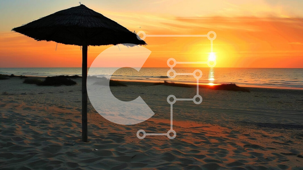 Intra Συλλεκτικό Ξύλινο Παζλ Plywood  4mm - Μοναχική ομπρέλα στην αμμώδη παραλία στο ηλιοβασίλεμα Σε Ξύλινο Κουτί - Διαστάσεις: 10x10 cm – 25 κομμάτια