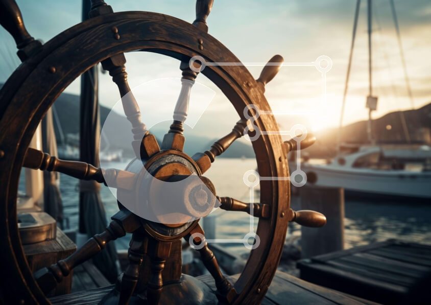 Intra Συλλεκτικό Ξύλινο Παζλ Plywood  4mm - Ναυτική σκηνή με τιμόνι πλοίου και στόλο σκαφών Σε Ξύλινο Κουτί - Διαστάσεις Puzzle: 10x10 cm – 25 κομμάτια