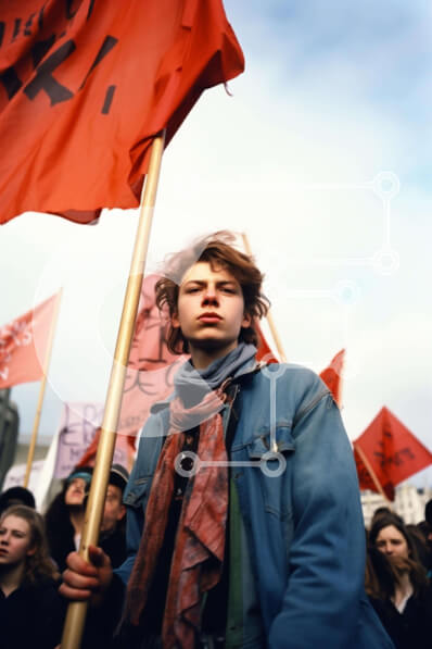 Intra Συλλεκτικό Ξύλινο Παζλ Plywood  4mm - Νεαρός άνδρας με πορτοκαλί και κόκκινη σημαία σε διαμαρτυρία Σε Ξύλινο Κουτί - Διαστάσεις Puzzle: 10x10 cm – 25 κομμάτια