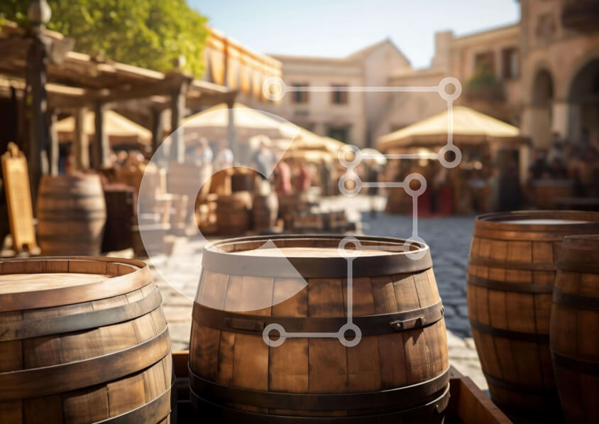 Intra Συλλεκτικό Ξύλινο Παζλ Plywood  4mm - Ξύλινα βαρέλια στοιβαγμένα στην Cobblestone Street Σε Ξύλινο Κουτί - Διαστάσεις Puzzle: 10x10 cm – 25 κομμάτια