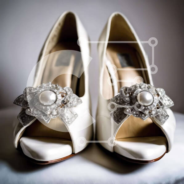 Σετ των 2 Intra Συλλεκτικό Ξύλινο Παζλ Plywood  4mm - Ζευγάρι λευκά ψηλοτάκουνα παπούτσια με πέρλες και διακοσμητικά Σε Ξύλινο Κουτί - Διαστάσεις: 10x10 cm – 25 κομμάτια