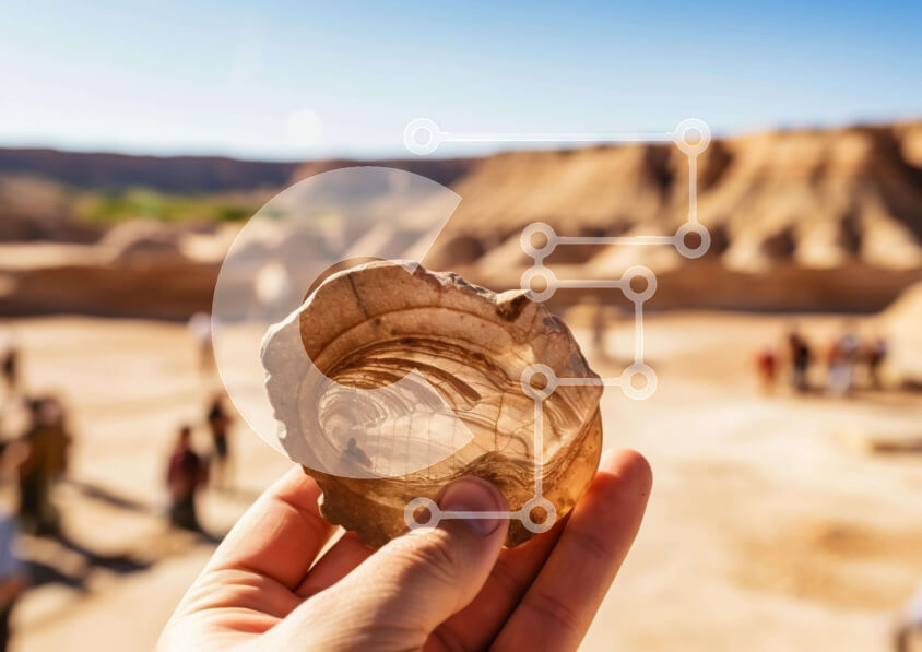 Intra Συλλεκτικό Ξύλινο Παζλ Plywood  4mm - Άτομο που κρατά βράχο ή απολίθωμα που περιβάλλεται από ανθρώπους σε εξωτερικούς χώρους Σε Ξύλινο Κουτί - Διαστάσεις Puzzle: 10x10 cm – 25 κομμάτια