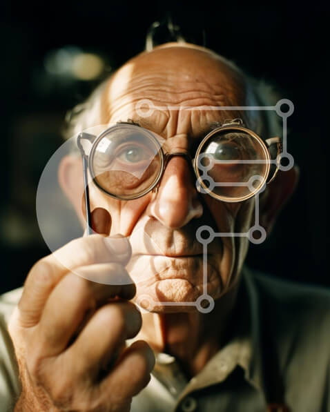 Intra Συλλεκτικό Ξύλινο Παζλ Plywood  4mm - Ηλικιωμένος άνδρας που κοιτάζει μέσα από τα γυαλιά Σε Ξύλινο Κουτί - Διαστάσεις Puzzle: 10x10 cm – 25 κομμάτια