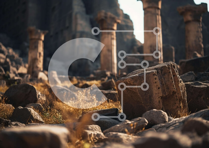 Intra Συλλεκτικό Ξύλινο Παζλ Plywood  4mm - Αρχαίοι πυλώνες και βράχοι σε ένα κενό πεδίο Σε Ξύλινο Κουτί - Διαστάσεις Puzzle: 10x10 cm – 25 κομμάτια