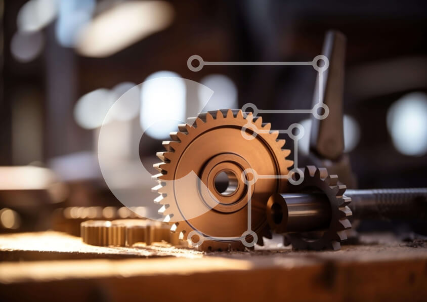 Intra Συλλεκτικό Ξύλινο Παζλ Plywood  4mm - Βιομηχανικά μεταλλικά γρανάζια και εργαλεία σε ξύλινο τραπέζι Σε Ξύλινο Κουτί - Διαστάσεις Puzzle: 10x10 cm – 25 κομμάτια