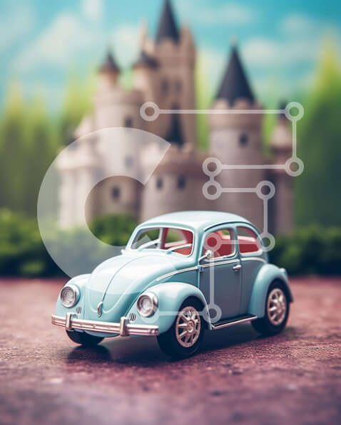 Intra Συλλεκτικό Ξύλινο Παζλ Plywood  4mm - Μπλε αυτοκίνητο και κάστρο Volkswagen Beetle Σε Ξύλινο Κουτί - Διαστάσεις Puzzle: 10x10 cm – 25 κομμάτια