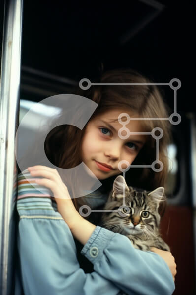 Intra Συλλεκτικό Ξύλινο Παζλ Plywood  4mm - Νεαρό κορίτσι που κρατά τη γάτα σε ένα τρένο Σε Ξύλινο Κουτί - Διαστάσεις Puzzle: 10x10 cm – 25 κομμάτια