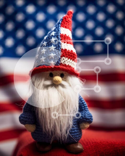 Intra Συλλεκτικό Ξύλινο Παζλ Plywood  4mm - Κροσέ στοιχειό με καπέλο αμερικανικής σημαίας σε πατριωτικό φόντο Σε Ξύλινο Κουτί - Διαστάσεις Puzzle: 10x10 cm – 25 κομμάτια