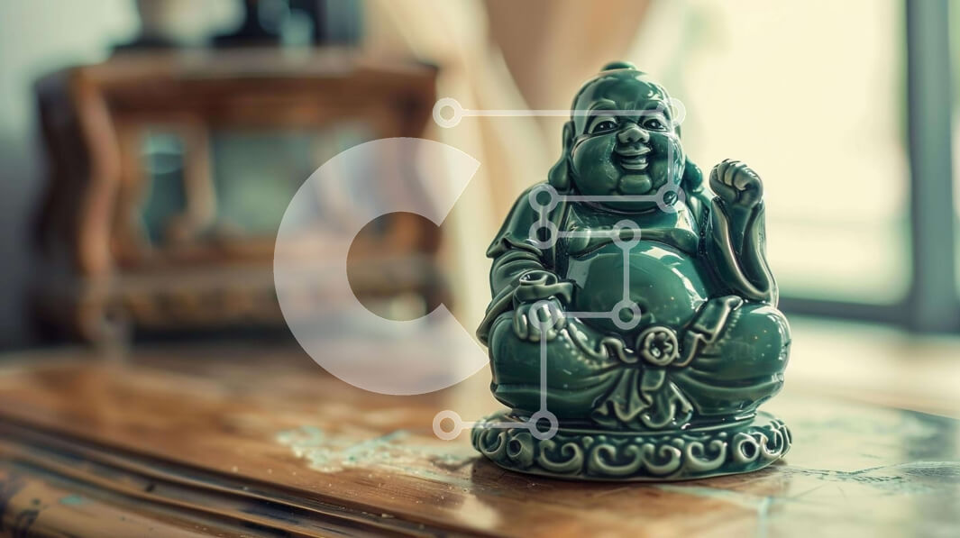 Intra Συλλεκτικό Ξύλινο Παζλ Plywood  4mm - Πράσινο άγαλμα του Βούδα σε ξύλινο τραπέζι Σε Ξύλινο Κουτί - Διαστάσεις Puzzle: 10x10 cm – 25 κομμάτια