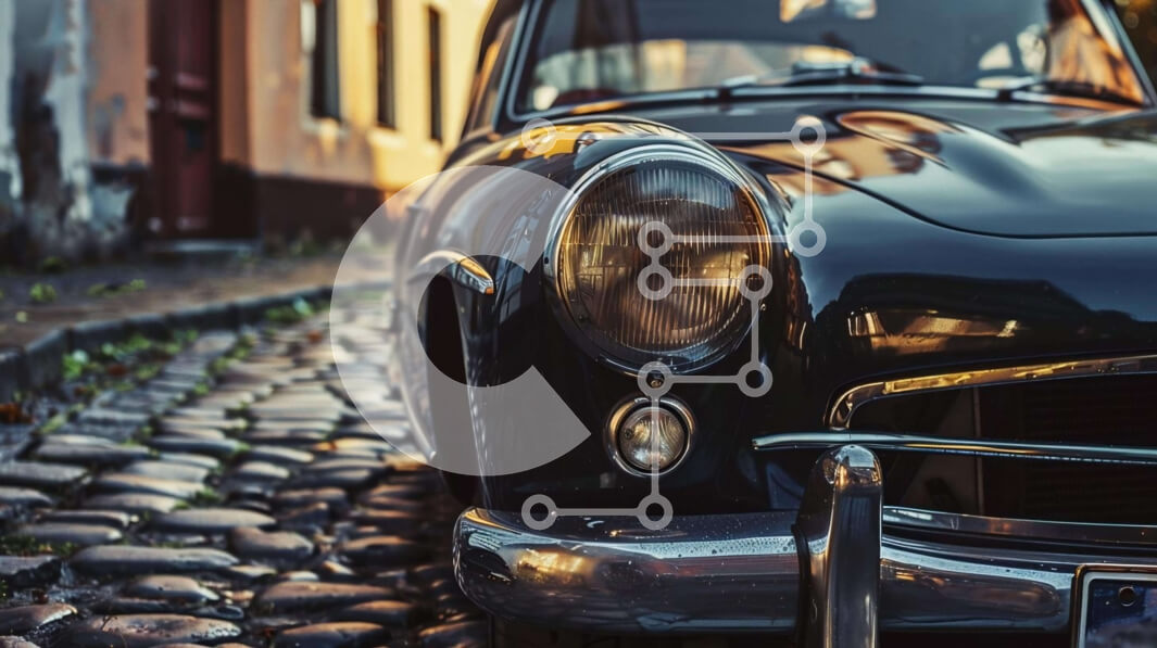 Intra Συλλεκτικό Ξύλινο Παζλ Plywood  4mm - Vintage μαύρο αυτοκίνητο στην Cobblestone Street Σε Ξύλινο Κουτί - Διαστάσεις Puzzle: 10x10 cm – 25 κομμάτια