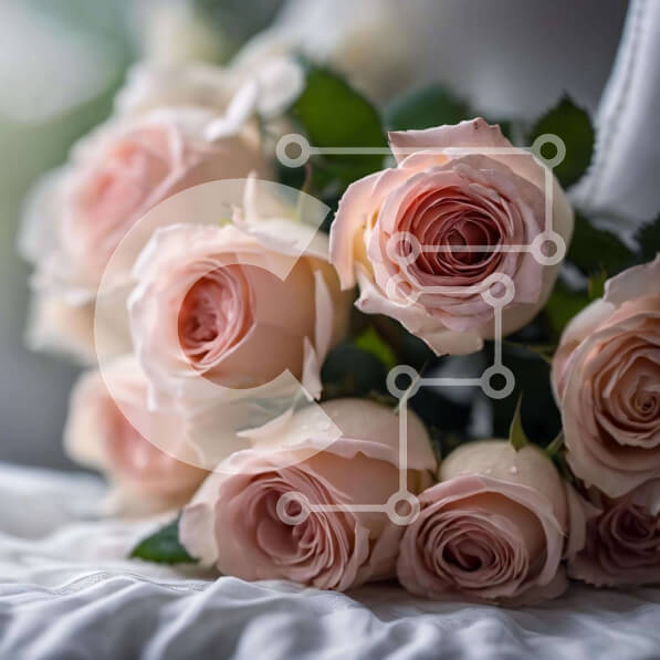 Intra Συλλεκτικό Ξύλινο Παζλ Plywood  4mm - Μπουκέτο με ροζ τριαντάφυλλα σε λευκά σεντόνια Σε Ξύλινο Κουτί - Διαστάσεις Puzzle: 10x10 cm – 25 κομμάτια