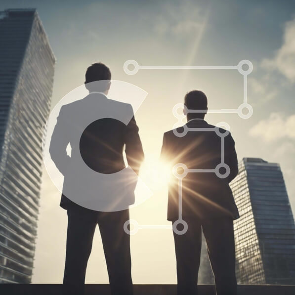 Intra Συλλεκτικό Ξύλινο Παζλ Plywood  4mm - Δύο επιχειρηματίες μπροστά από τον ουρανοξύστη με τον ήλιο Σε Ξύλινο Κουτί - Διαστάσεις Puzzle: 10x10 cm – 25 κομμάτια