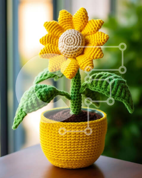 Intra Συλλεκτικό Ξύλινο Παζλ Plywood  4mm - Κροσέ ηλιοτρόπιο σε ξύλινο τραπέζι Σε Ξύλινο Κουτί - Διαστάσεις: 10x10 cm – 25 κομμάτια