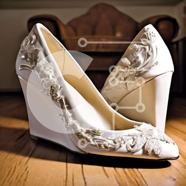 Σετ των 2 Intra Συλλεκτικό Ξύλινο Παζλ Plywood  4mm - Λευκά παπούτσια γάμου με λουλουδάτα σχέδια σε ξύλινο πάτωμα Σε Ξύλινο Κουτί - Διαστάσεις: 10x10 cm – 25 κομμάτια