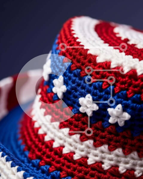 Intra Συλλεκτικό Ξύλινο Παζλ Plywood  4mm - Κόκκινο, λευκό και μπλε καπέλο κροσέ με αστέρια και ρίγες Σε Ξύλινο Κουτί - Διαστάσεις Puzzle: 10x10 cm – 25 κομμάτια