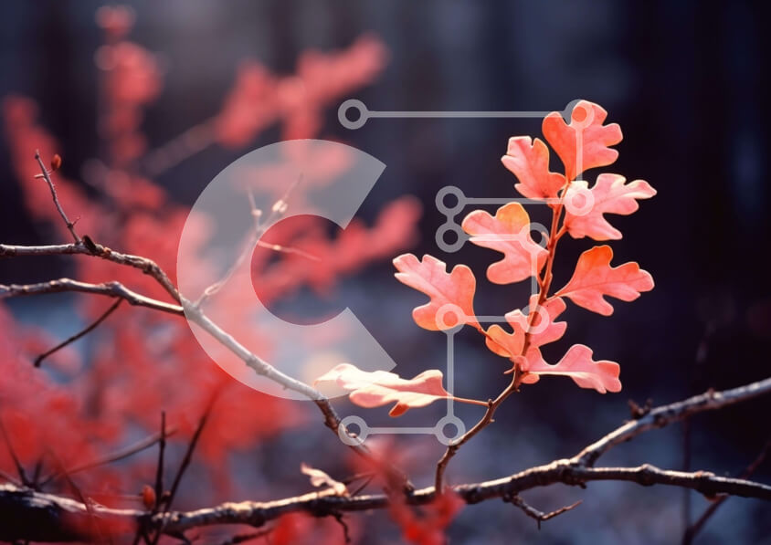 Intra Συλλεκτικό Ξύλινο Παζλ Plywood  4mm - Κόκκινο φύλλο σε κλαδί βελανιδιάς με χιονισμένα δέντρα Σε Ξύλινο Κουτί - Διαστάσεις: 10x10 cm – 25 κομμάτια