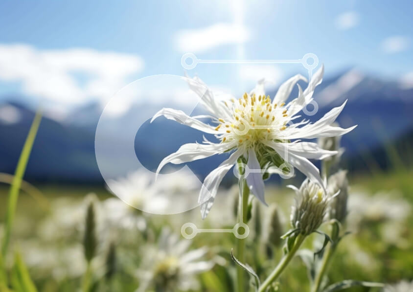 Intra Συλλεκτικό Ξύλινο Παζλ Plywood  4mm - Λευκό λουλούδι στο Λιβάδι με τα βουνά Σε Ξύλινο Κουτί - Διαστάσεις: 10x10 cm – 25 κομμάτια