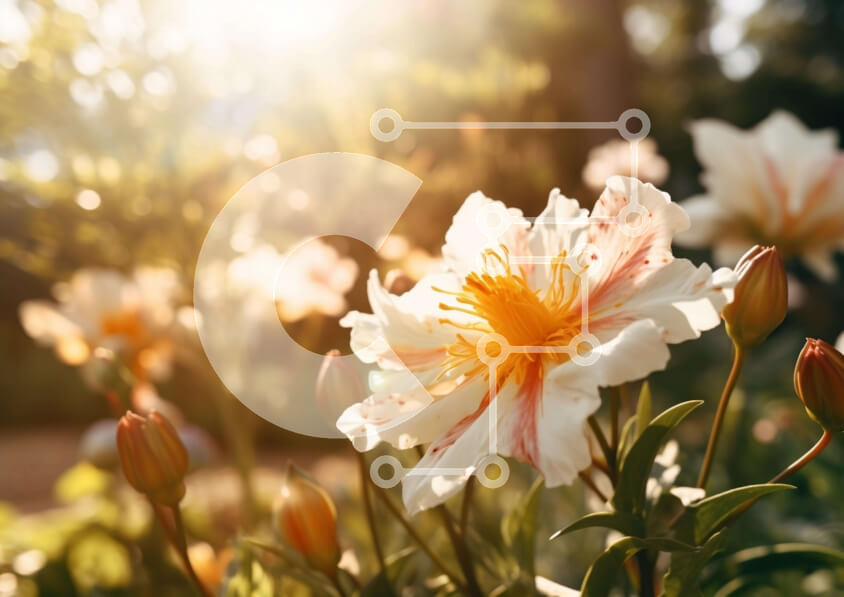 Intra Συλλεκτικό Ξύλινο Παζλ Plywood  4mm - Λευκά και πορτοκαλί λουλούδια σε έναν κήπο Σε Ξύλινο Κουτί - Διαστάσεις: 10x10 cm – 25 κομμάτια