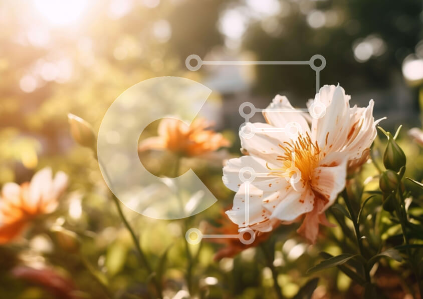 Intra Συλλεκτικό Ξύλινο Παζλ Plywood  4mm - Λευκά και πορτοκαλί λουλούδια που ανθίζουν σε έναν κήπο Σε Ξύλινο Κουτί - Διαστάσεις: 10x10 cm – 25 κομμάτια