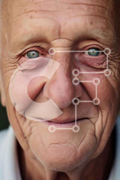 Intra Συλλεκτικό Ξύλινο Παζλ Plywood  4mm - Κοντινό πλάνο του χαμογελαστού ηλικιωμένου άνδρα με τα μπλε μάτια Σε Ξύλινο Κουτί - Διαστάσεις Puzzle: 10x10 cm – 25 κομμάτια