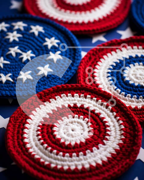 Intra Συλλεκτικό Ξύλινο Παζλ Plywood  4mm - Σουβέρ με κροσέ σε φόντο αμερικανικής σημαίας Σε Ξύλινο Κουτί - Διαστάσεις Puzzle: 10x10 cm – 25 κομμάτια