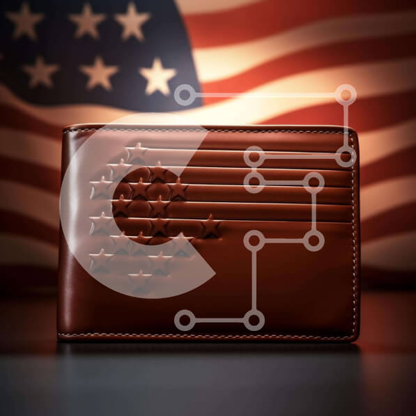 Intra Συλλεκτικό Ξύλινο Παζλ Plywood  4mm - Καφέ δερμάτινο πορτοφόλι μπροστά από μια αμερικανική σημαία Σε Ξύλινο Κουτί - Διαστάσεις: 10x10 cm – 25 κομμάτια