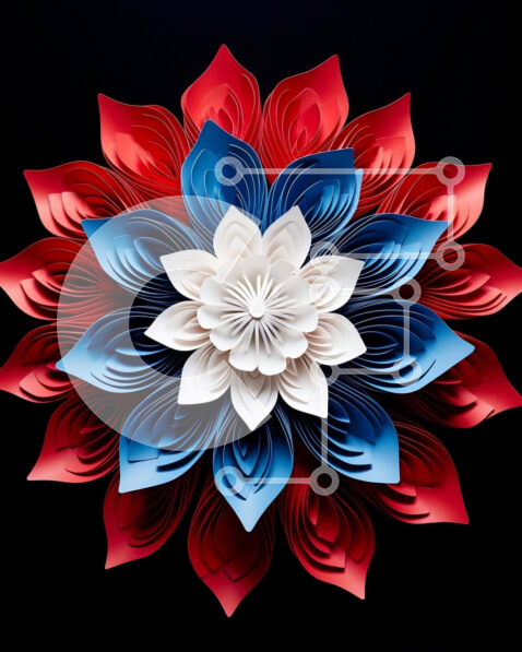 Intra Συλλεκτικό Ξύλινο Παζλ Plywood  4mm - Μεγάλο χάρτινο λουλούδι σε κόκκινο, λευκό και μπλε σε μαύρο φόντο Σε Ξύλινο Κουτί - Διαστάσεις Puzzle: 10x10 cm – 25 κομμάτια