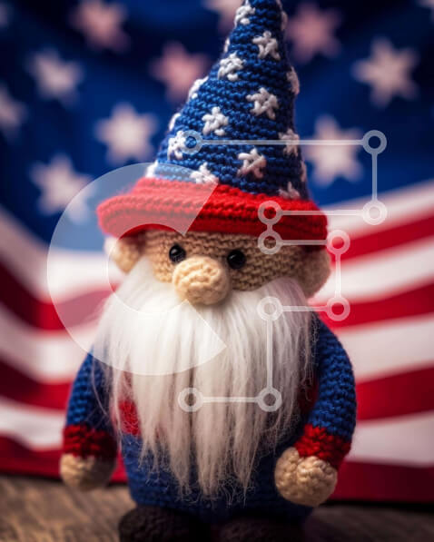 Intra Συλλεκτικό Ξύλινο Παζλ Plywood  4mm - Πλεκτό Gnome μπροστά από την αμερικανική σημαία Σε Ξύλινο Κουτί - Διαστάσεις: 10x10 cm – 25 κομμάτια