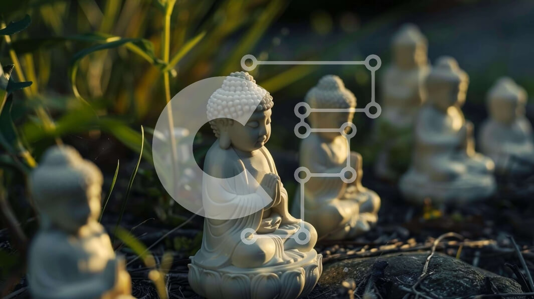 Intra Συλλεκτικό Ξύλινο Παζλ Plywood  4mm - Ομάδα λευκών αγαλμάτων του Βούδα ανάμεσα σε φυτά και γρασίδι Σε Ξύλινο Κουτί - Διαστάσεις Puzzle: 10x10 cm – 25 κομμάτια