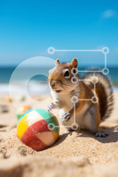 Σετ των 2 Intra Συλλεκτικό Ξύλινο Παζλ Plywood  4mm - Παιχνιδιάρικος σκίουρος με πορτοκαλί μπάλα στην παραλία Σε Ξύλινο Κουτί - Διαστάσεις: 10x10 cm – 25 κομμάτια