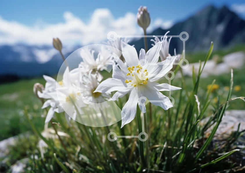 Intra Συλλεκτικό Ξύλινο Παζλ Plywood  4mm - Λευκά λουλούδια κοντά στα βραχώδη βουνά Σε Ξύλινο Κουτί - Διαστάσεις: 10x10 cm – 25 κομμάτια