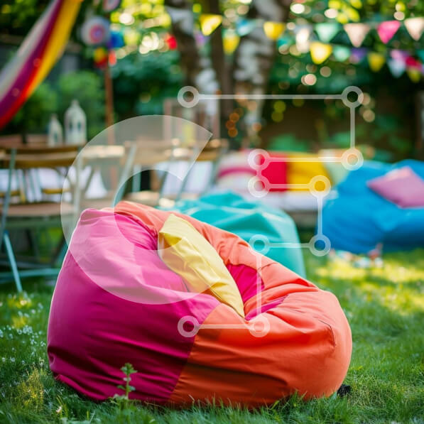 Intra Συλλεκτικό Ξύλινο Παζλ Plywood  4mm - Πολύχρωμες καρέκλες Bean Bag σε μια περιοχή με γρασίδι Σε Ξύλινο Κουτί - Διαστάσεις: 10x10 cm – 25 κομμάτια