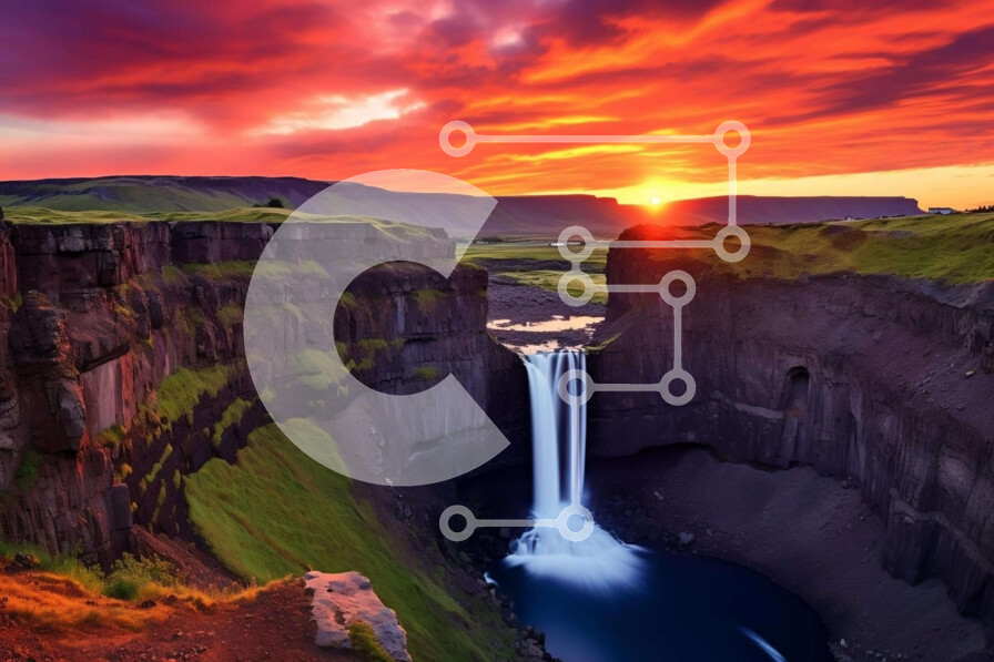 Intra Συλλεκτικό Ξύλινο Παζλ Plywood  4mm - Καταρράκτης σε ένα παγωμένο τοπίο στο ηλιοβασίλεμα Σε Ξύλινο Κουτί - Διαστάσεις: 10x10 cm – 25 κομμάτια