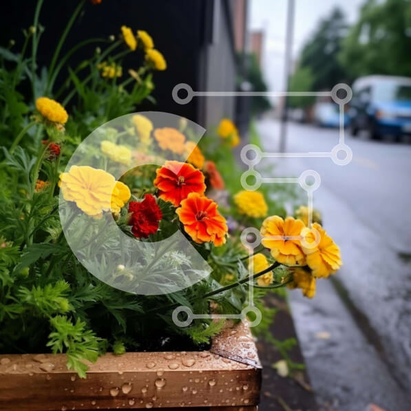 Intra Συλλεκτικό Ξύλινο Παζλ Plywood  4mm - Πολύχρωμη επίδειξη λουλουδιών σε ξύλινη ζαρντινιέρα με σταθμευμένο αυτοκίνητο Σε Ξύλινο Κουτί - Διαστάσεις: 10x10 cm – 25 κομμάτια