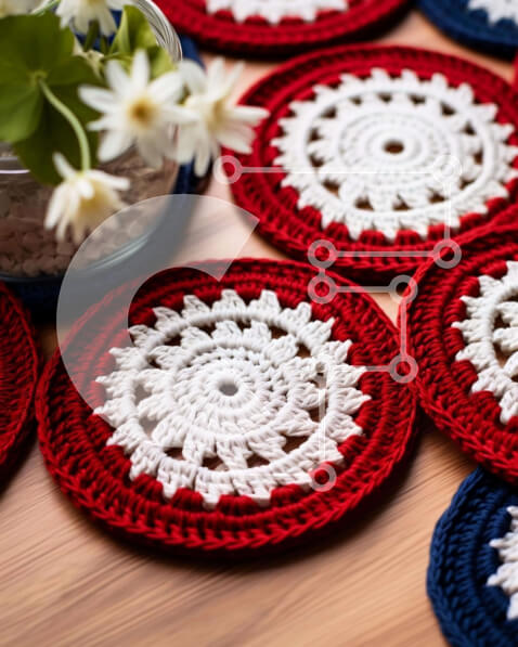 Intra Συλλεκτικό Ξύλινο Παζλ Plywood  4mm - Σουβέρ με κροσέ σε κόκκινο, λευκό και μπλε Σε Ξύλινο Κουτί - Διαστάσεις: 10x10 cm – 25 κομμάτια