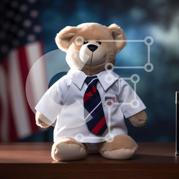 Intra Συλλεκτικό Ξύλινο Παζλ Plywood  4mm - Αρκουδάκι με πουκάμισο και γραβάτα με αμερικανική σημαία δίπλα στη σημαία των Ηνωμένων Πολιτειών Σε Ξύλινο Κουτί - Διαστάσεις: 10x10 cm – 25 κομμάτια