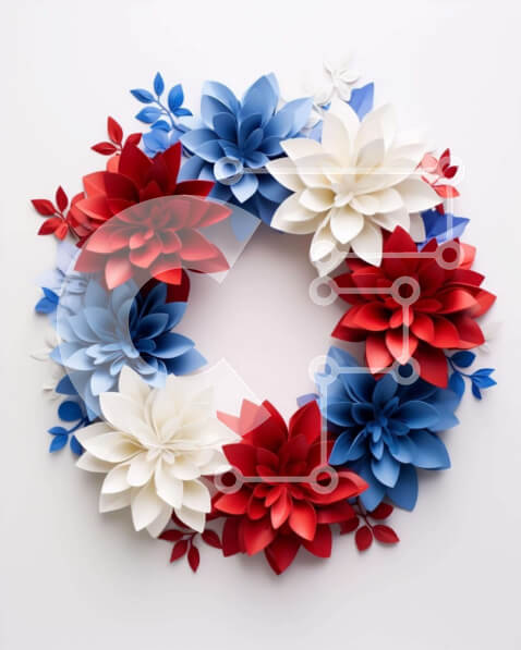 Intra Συλλεκτικό Ξύλινο Παζλ Plywood  4mm - Πατριωτικό στεφάνι με κόκκινα, λευκά και μπλε χάρτινα λουλούδια Σε Ξύλινο Κουτί - Διαστάσεις Puzzle: 10x10 cm – 25 κομμάτια